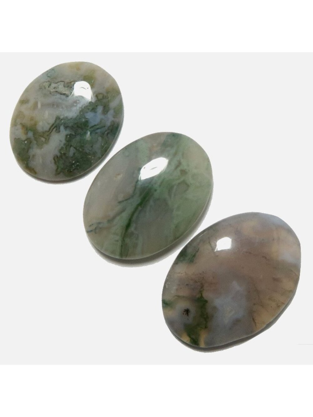 Moss Agate Set of 3 Oval Cabochon Crystals Snowy White Green